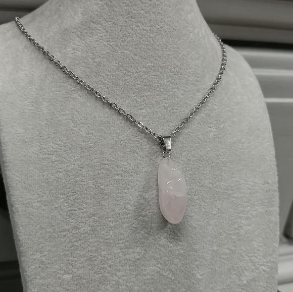 Rose Quartz Necklace Natural Gemstone Pink Crystal Pendant Stainless-Steel Chain - Picture 4 of 17